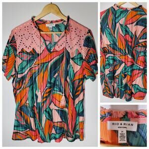 RIO & RIAN New York Eyelet sleeve pleated tassel front bold floral print top